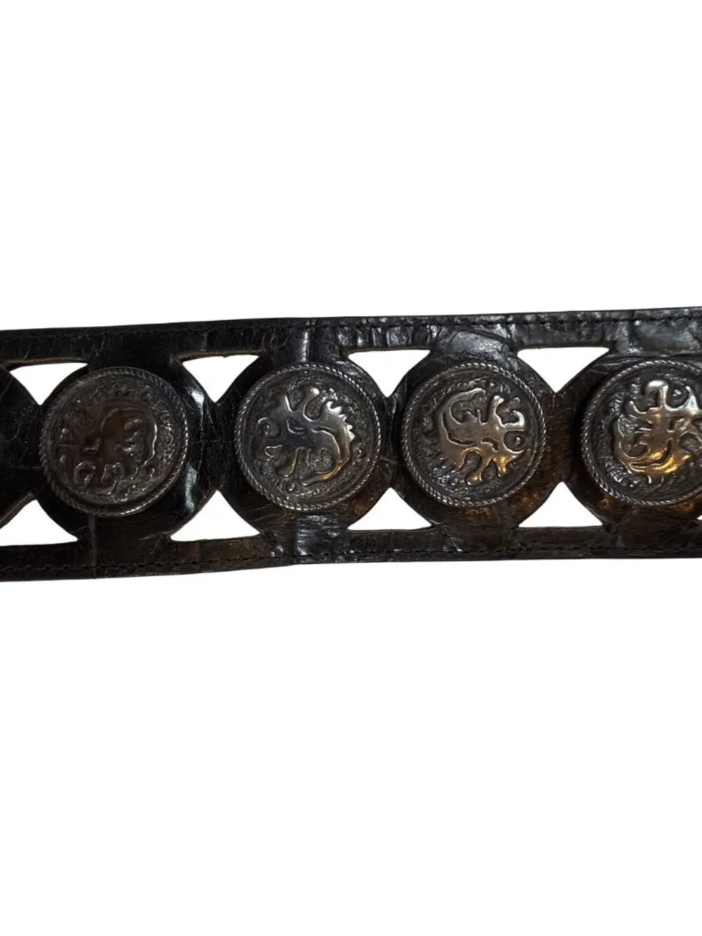 Avignon vintage Black Leather Belt Silver Lion Medallions Stud Detail 37, large